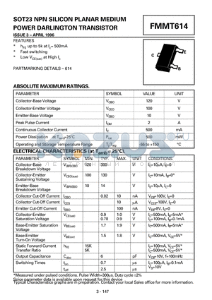 FMMT614 datasheet - NPN SILICON PLANAR MEDIUM POWER DARLINGTON TRANSISTOR