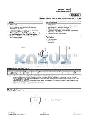 FMMT618TA datasheet - 20V NPN SILICON LOW SATURATION TRANSISTOR IN SOT23