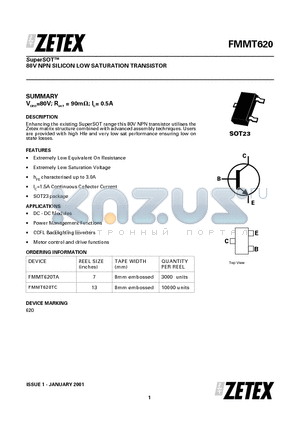 FMMT620TA datasheet - SuperSOT 80V NPN SILICON LOW SATURATION TRANSISTOR