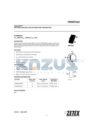 FMMT620TA datasheet - SuperSOT 80V NPN SILICON LOW SATURATION TRANSISTOR