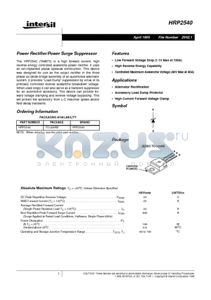 HRP2540 datasheet - Power Rectifier/Power Surge Suppressor