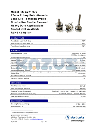 P271_09 datasheet - 27mm Rotary Potentiometer Long Life - 1 Million cycles Conductive Plastic Element Heavy Duty Applicatoins Sealed Unit Available RoHS Compliant