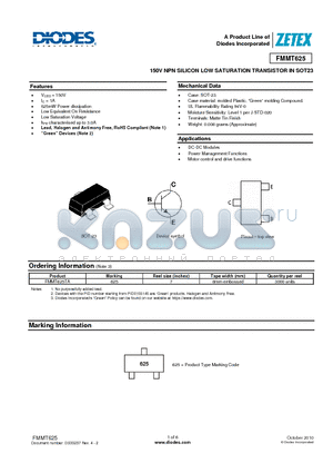 FMMT625 datasheet - 150V NPN SILICON LOW SATURATION TRANSISTOR IN SOT23