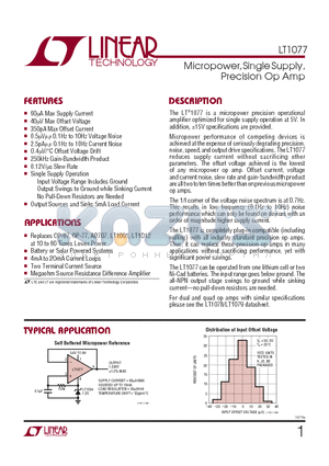 LT1077IS8 datasheet - Micropower, Single Supply, Precision Op Amp