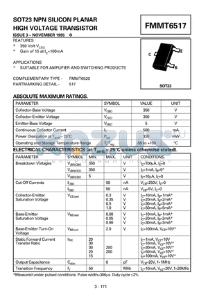 FMMT6517 datasheet - NPN SILICON PLANAR HIGH VOLTAGE TRANSISTOR