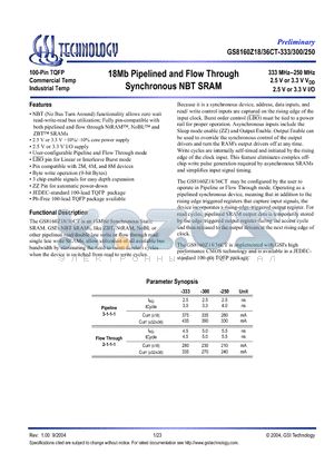 GS8160Z18CGT-250I datasheet - 18Mb Pipelined and Flow Through Synchronous NBT SRAM