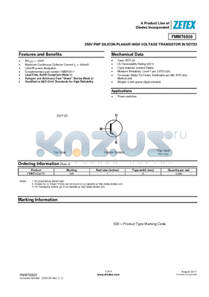 FMMT6520TA datasheet - 350V PNP SILICON PLANAR HIGH VOLTAGE TRANSISTOR IN SOT23