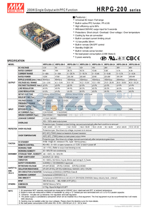 HRPG-200-15 datasheet - 200W Single Output with PFC Function
