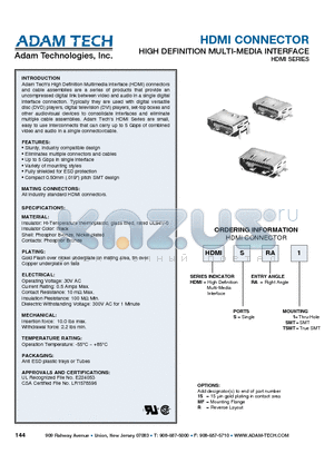 HDMISRASMT datasheet - HDMI CONNECTOR HIGH DEFINITION MULTI-MEDIA INTERFACE