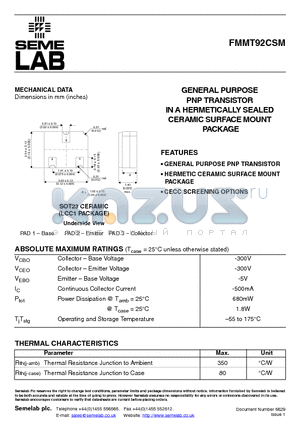 FMMT92CSM datasheet - GENERAL PURPOSE PNP TRANSISTOR IN A HERMETICALLY SEALED CERAMIC SURFACE MOUNT PACKAGE