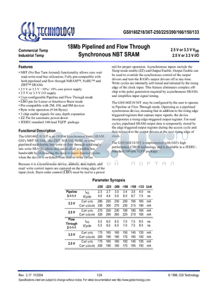 GS8160Z18T-225 datasheet - 18Mb Pipelined and Flow Through Synchronous NBT SRAM