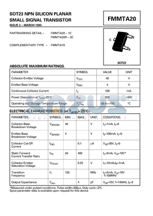 FMMTA20-1C datasheet - SOT23 NPN SILICON PLANAR SMALL SIGNAL TRANSISTOR