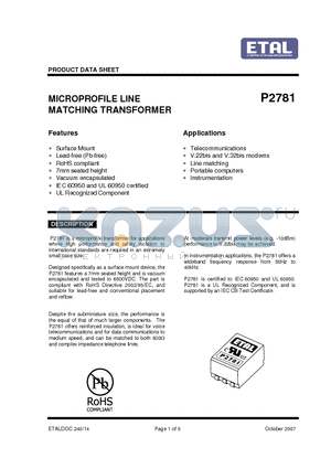 P2781TR datasheet - MICROPROFILE LINE MATCHING TRANSFORMER