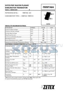 FMMTA64 datasheet - PNP SILICON PLANAR DARLINGTON TRANSISTOR