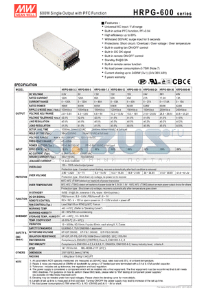 HRPG-600-12 datasheet - 600W Single Output with PFC Function