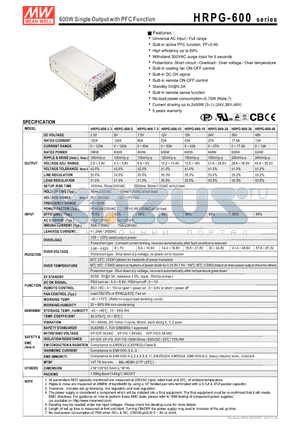 HRPG-600-15 datasheet - 600W Single Output with PFC Function