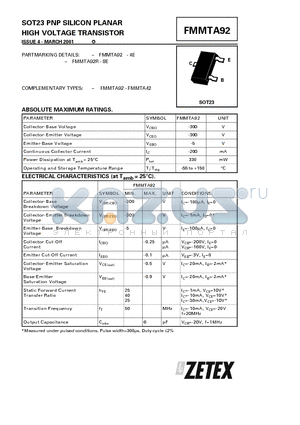 FMMTA92 datasheet - PNP SILICON PLANAR HIGH VOLTAGE TRANSISTOR