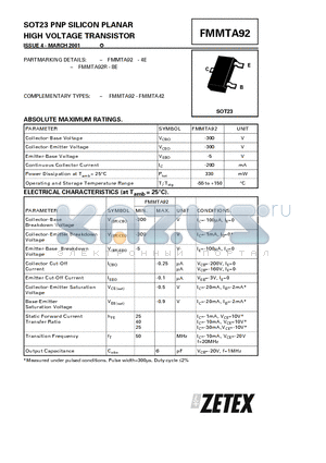 FMMTA92 datasheet - SOT23 PNP SILICON PLANAR HIGH VOLTAGE TRANSISTOR