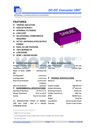 HRS-0505 datasheet - DC-DC Converter UNIT 1.8 W REGULATED DC-DC CONVERTER