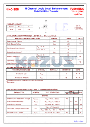 P2804BDG datasheet - N-Channel Logic Level Enhancement