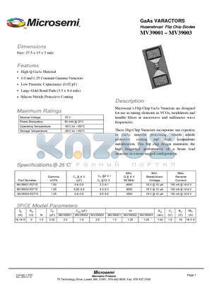 MV39003 datasheet - GaAs VARACTORS TM Hyperabrupt Flip Chip Diodes