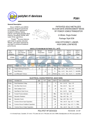 P281 datasheet - PATENTED GOLD METALLIZED SILICON GATE ENHANCEMENT MODE RF POWER VDMOS TRANSISTOR