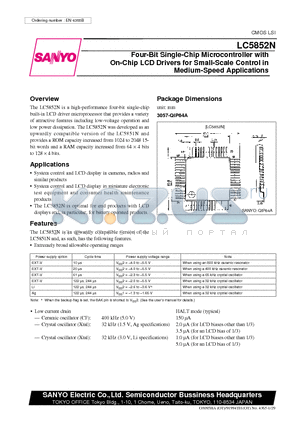 LC5852N datasheet - Four-Bit Single-Chip Microcontroller with On-Chip LCD Drivers for Small-Scale Control in Medium-Speed Applications