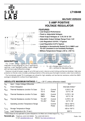 LT1084M datasheet - 5 AMP POSITIVE VOLTAGE REGULATOR