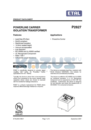 P2827 datasheet - POWERLINE CARRIER ISOLATION TRANSFORMER