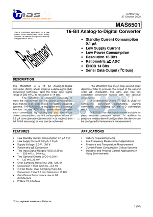 MAS6501BA1WA300 datasheet - 16-Bit Analog-to-Digital Converter