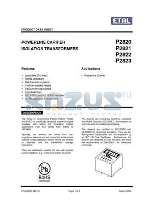 P2820 datasheet - POWERLINE CARRIER ISOLATION TRANSFORMERS