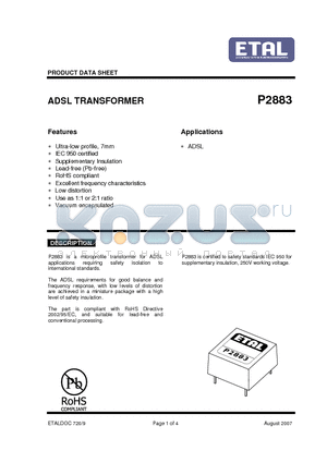 P2883 datasheet - ADSL TRANSFORMER