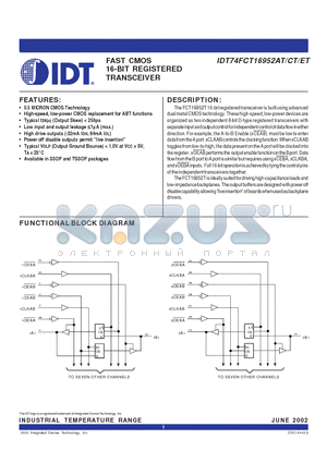 IDT74FCT16952ETPV datasheet - FAST CMOS 16-BIT REGISTERED TRANSCEIVER