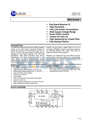 MAS9081 datasheet - Dual Band Receiver IC High Sensitivity