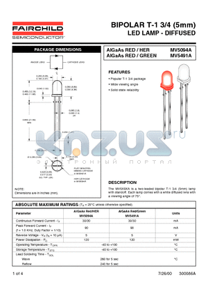 MV5094A datasheet - BIPOLAR T-1 3/4 (5mm) LED LAMP - DIFFUSED