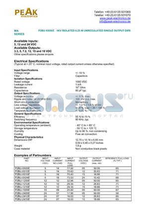 P2BU-1205E datasheet - P2BU-XXXXE 1KV ISOLATED 0,25 W UNREGULATED SINGLE OUTPUT DIP8