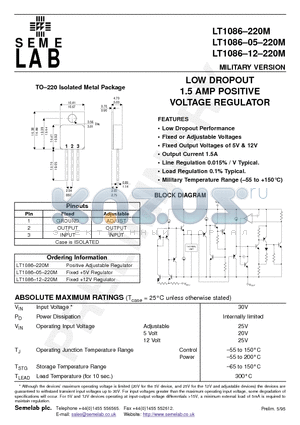 LT1086220M05 datasheet - LOW DROPOUT 1.5 AMP POSITIVE VOLTAGE REGULATOR