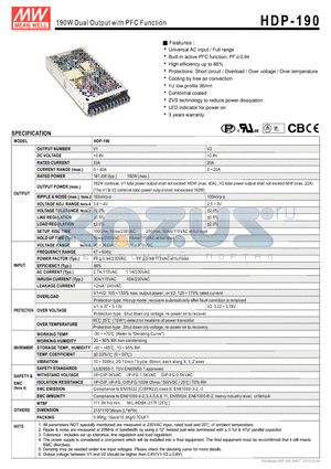 HDP-190_12 datasheet - 190W Dual Output with PFC Function