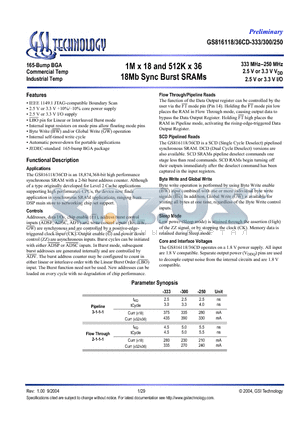 GS816118CD-333T datasheet - 1M x 18 and 512K x 36 18Mb Sync Burst SRAMs