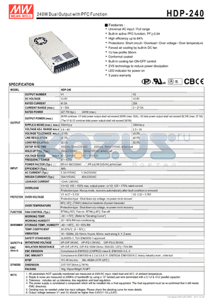 HDP-240 datasheet - 240W Dual Output with PFC Function