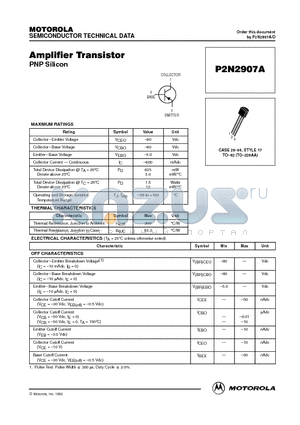 P2N2907A datasheet - Amplifier Transistor