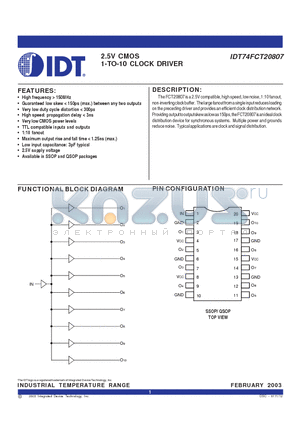 IDT74FCT20807 datasheet - 2.5V CMOS 1-TO-10 CLOCK DRIVER