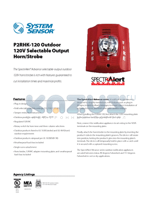 P2RHK-120 datasheet - P2RHK-120 Outdoor 120V Selectable Output Horn/Strobe