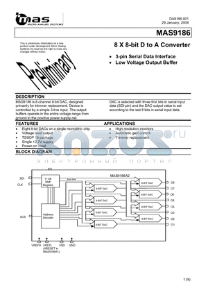 MAS9186 datasheet - 8 X 8-bit D to A Converter 3-pin Serial Data Interface Low Voltage Output Buffer