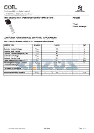 P2N2369 datasheet - NPN SILICON HIGH SPEED SWITHCHING TRANSISTORS