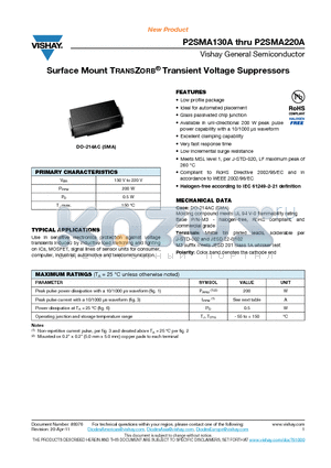 P2SMA130A-M3-61T datasheet - Surface Mount TRANSZORB Transient Voltage Suppressors