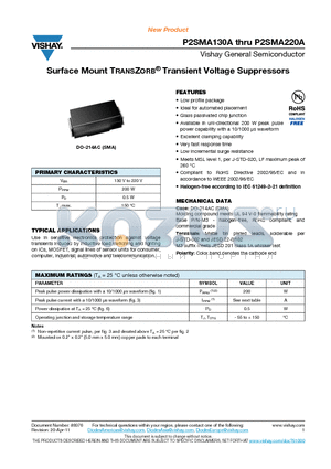 P2SMA140A datasheet - Surface Mount TRANSZORB Transient Voltage Suppressors