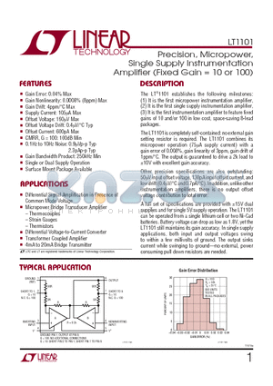 LT1101AMJ8 datasheet - Precision, Micropower, Single Supply Instrumentation Amplifier (Fixed Gain = 10 or 100)