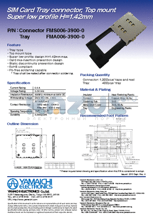 FMS006-3900-0 datasheet - SIM Card Tray connector, Top mount Super low profile H=1.42mm