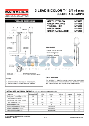 MV5437 datasheet - 3 LEAD BICOLOR T-1 3/4 (5 mm) SOLID STATE LAMPS